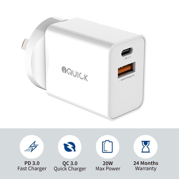iQuick 20W PD3.0 QC3.0 USB Fast Charging Adapter wall charger for iPhone Andorid