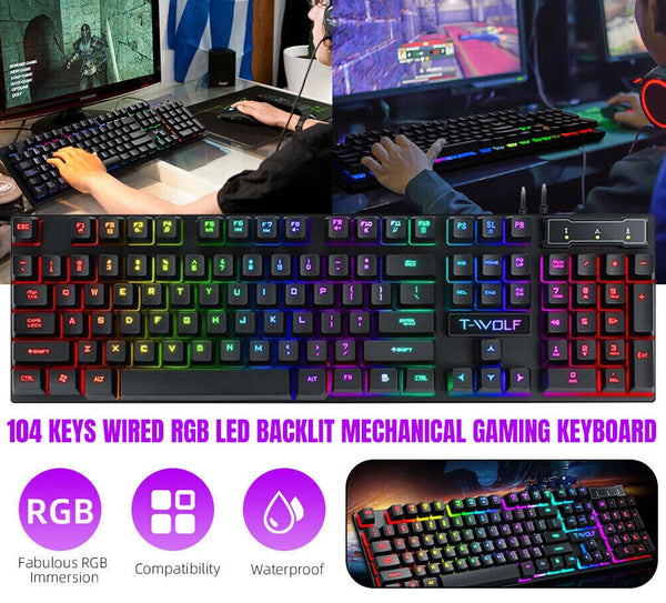 T-WOLF T17 True Mechanical Keyboard for Esports Games Metal RGB Glow Laptop Desktop Punk Keyboard, Office, Home, Business, Game, Office, PC, Tablet, Gaming Glow Mechanical Keyboard
