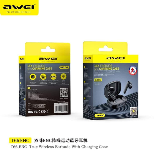 Awei T66 ENC Earphone Bluetooth 5.3 Earbuds Stereo Sports Headset ENC TWS Headphones With Dual HD Mic